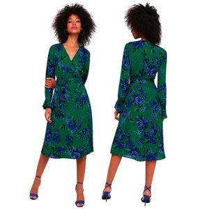 Lulus Romantic Blooms Green Floral Print Midi Wrap Dress | Size Medium